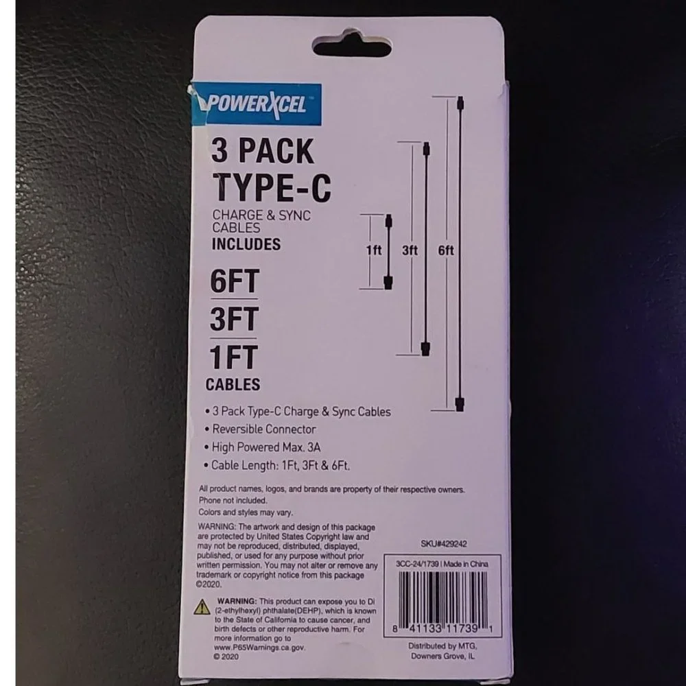 PowerXcel 3 Pack Type C Cables (6 ft, 3 ft , 1 ft)